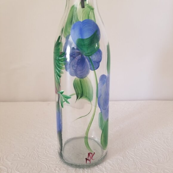 Vtg 9" Hand Painted Floral Hummingbird Clear Glass Olive Oil Dispenser 12.7 oz - Picture 5 of 13